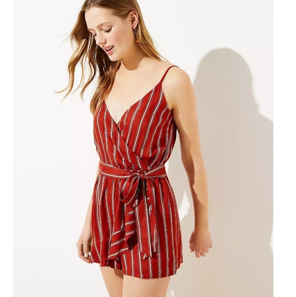 NWT Loft Beach Rust Colored Shimmer Stripe Tie Waist Romper Medium